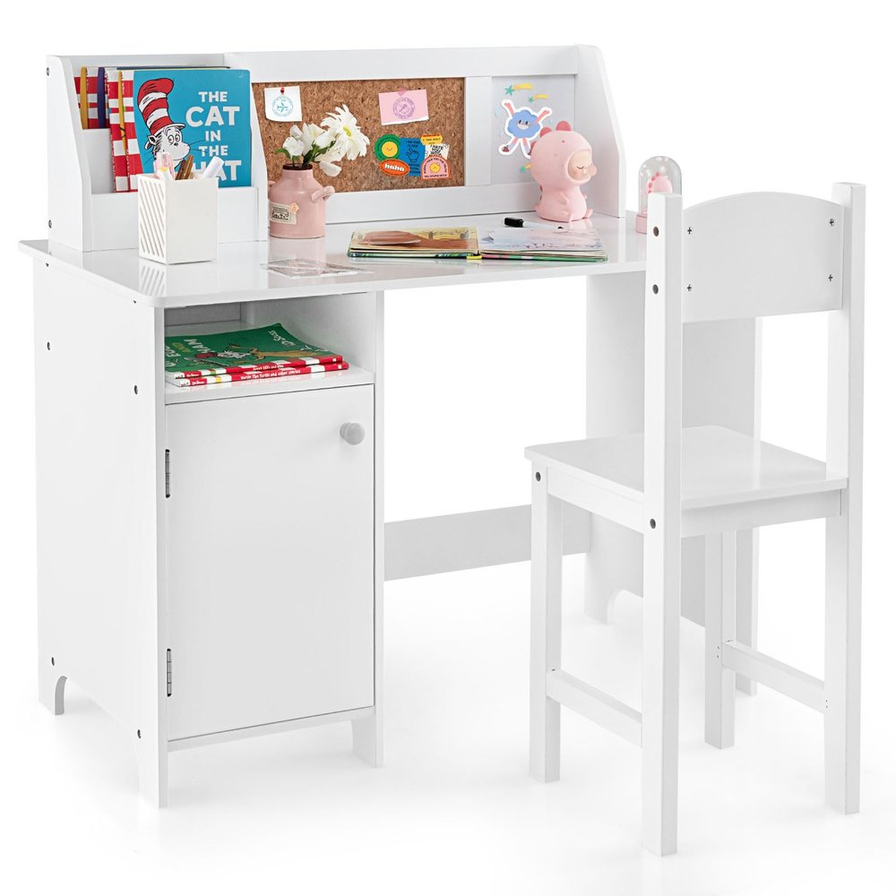 HONEY JOY Kids Desk and Chair Set, Wooden Children School Study Table and Chair w/Whiteboard, Hutch, Storage Shelves, Student Writing Desk Computer Workstation for Bedroom, 3+ Years Old (White)