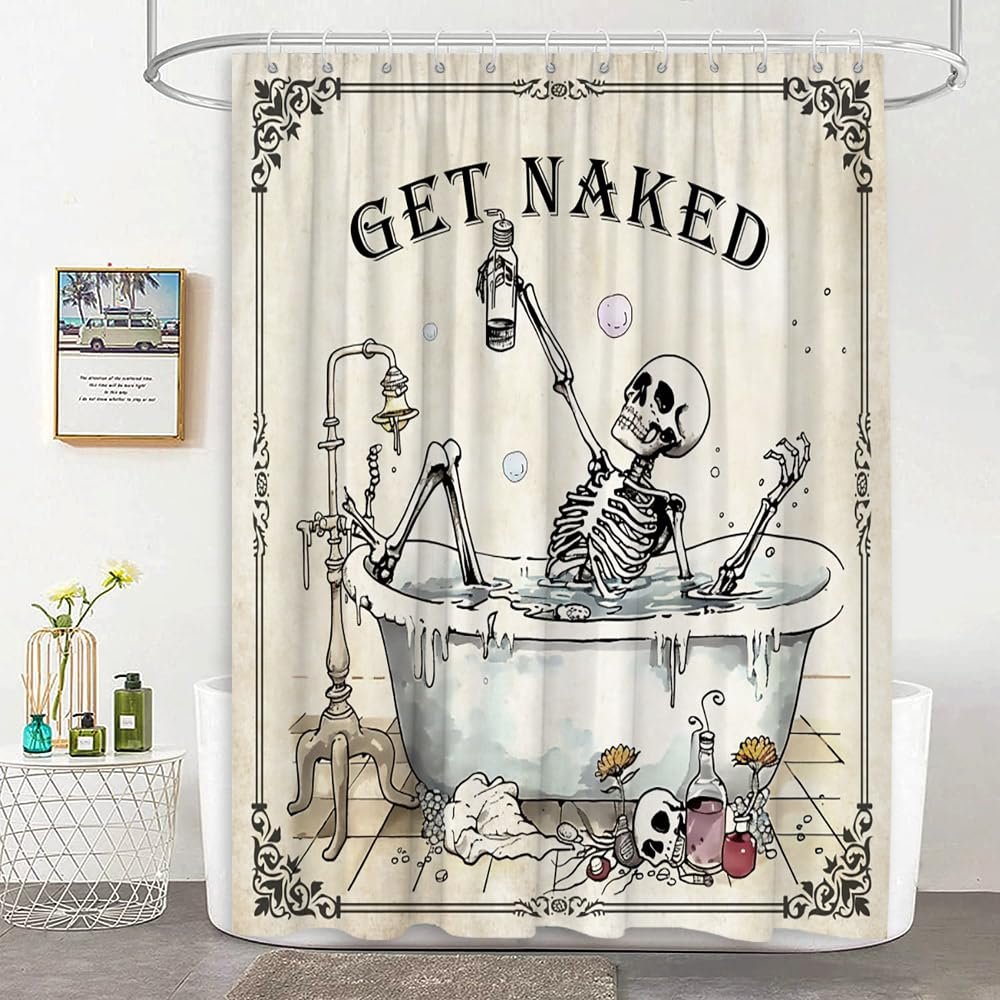 JEJOMEAG Funny Skull Skeleton Shower Curtain Spooky Gothic Get Naked Bathtub Retro Polyester Fabric Bathroom Curtain with Hooks, 67x70 Inch