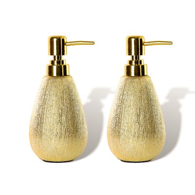ABBI NIMO Brushed Gold Ceramic Soap Dispenser 2 Pack, 11 oz Textured Hand or Dish Soap Dispenser with Golden Plastic Pump for Bathroom or Kitchen Countertop
