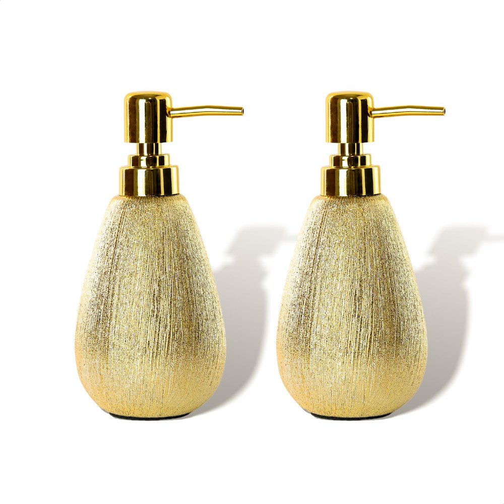 ABBI NIMO Brushed Gold Ceramic Soap Dispenser 2 Pack, 11 oz Textured Hand or Dish Soap Dispenser with Golden Plastic Pump for Bathroom or Kitchen Countertop