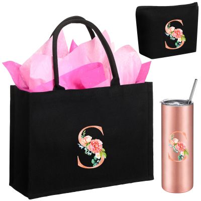 Huhumy Initial Canvas Tote Bag for Women Makeup Bag Monogram Initial Tumbler Personalized Birthday Valentine Gifts(S)
