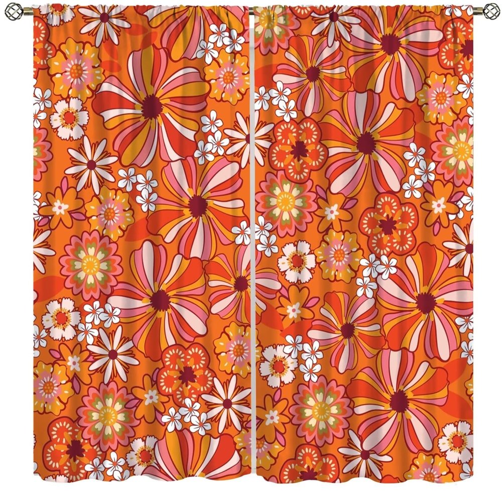 60S 70S Groovy Curtains for Bedroom Living Room Retro Hippie Flower Blackout Curtains Vintage Boho Plant Floral Darkening Drapes Botanical Blossom Brown Window Treatments Set 2 Panels,63x72 Inches