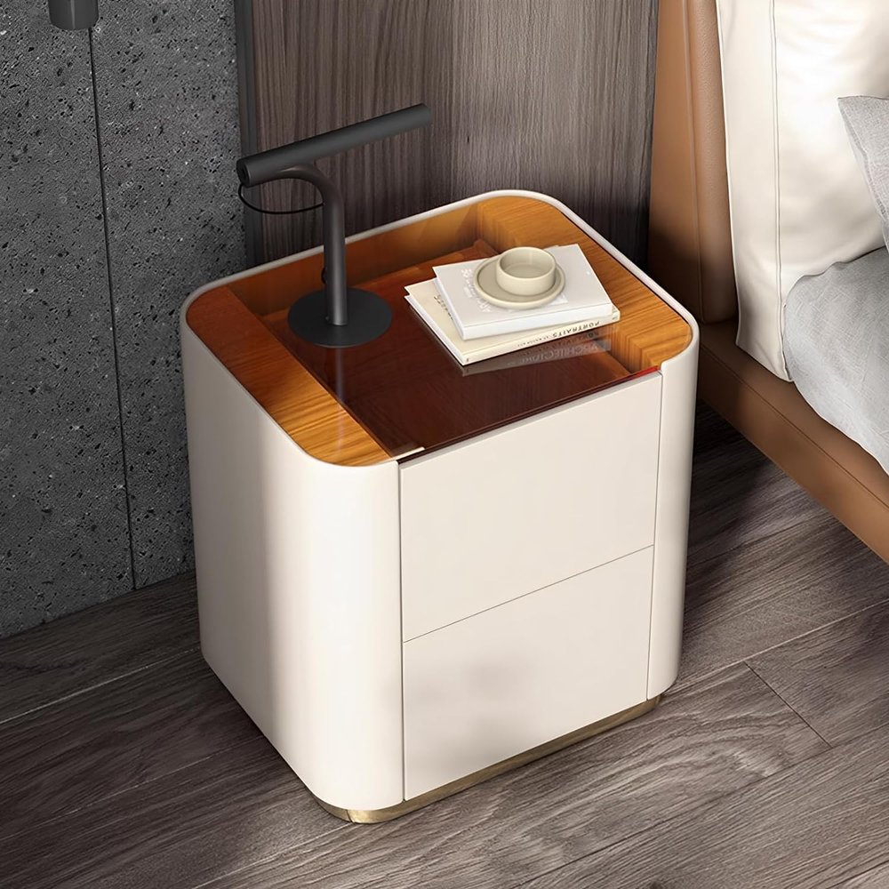 YPDJVLTI nightstand Nightstand with Clear Glass Tabletop Bedside Table Microfibre Leather Wrap Bedside Cabinet for Bedroom End Table Minimalist, White