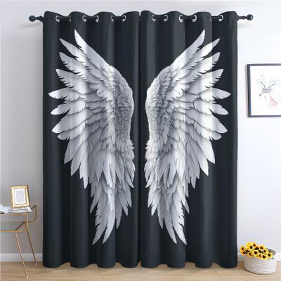 Angel Wings Curtains for Bedroom Living Room, White Feather Blackout Curtains & Home Decor, Black and White Window Curtains, Thermal Room Darkening Grommet Drapes, 72 Inch Curtains 2 Panel Set