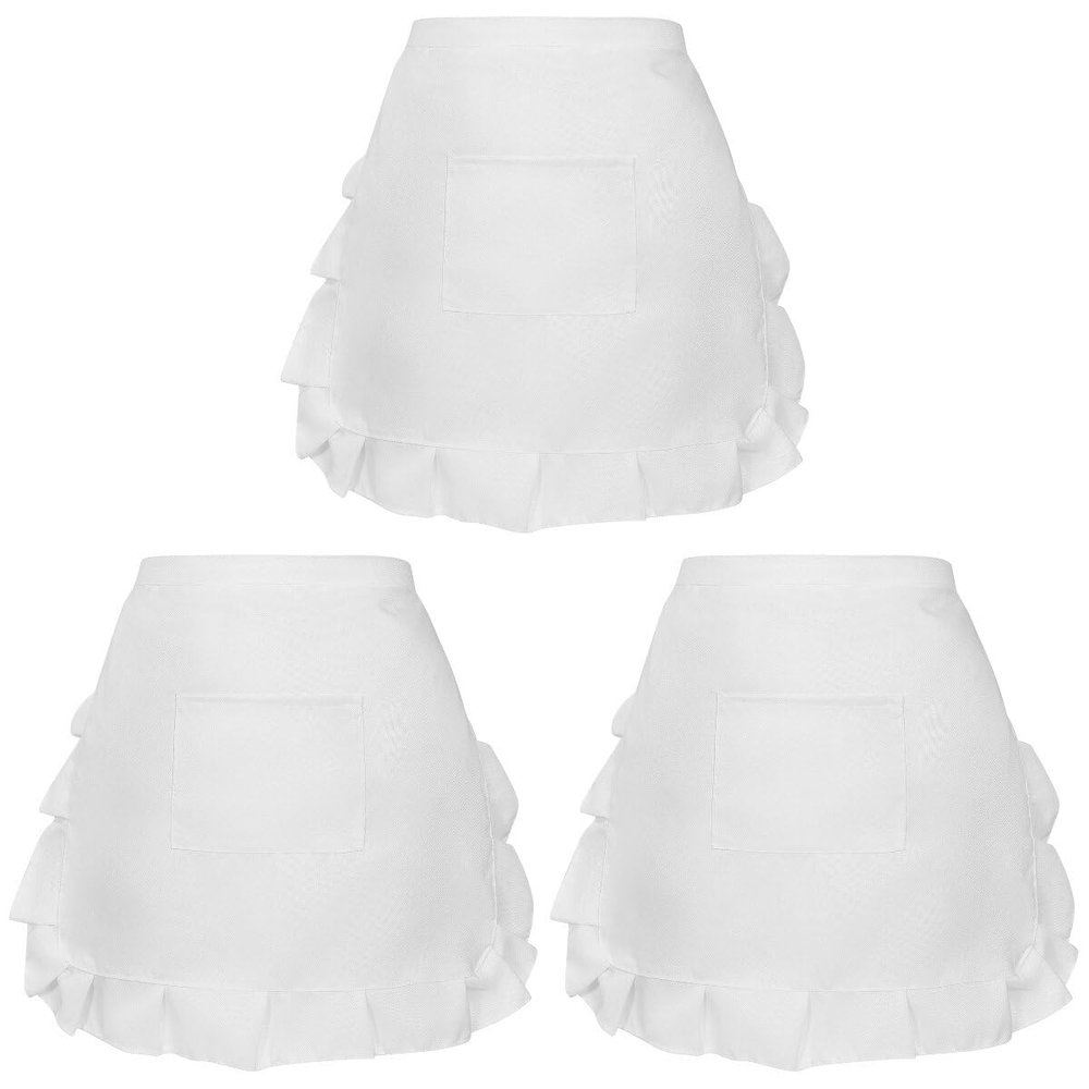 BESTYASH 3pcs Floral Lace Half Waist Apron for Women Stylish Bib Maid Costume with Pocket for Kitchen Restaurant Party Favors and Design White