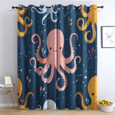 Octopus Curtains for Bedroom Living Room, Cute Sea Animal Blackout Curtains & Home Decor, Kids Window Curtains, Thermal Room Darkening Grommet Drapes, 96 Inch Curtains 2 Panel Set