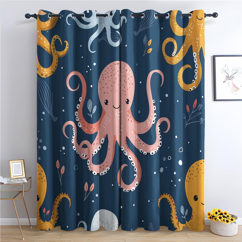 Octopus Curtains for Bedroom Living Room, Cute Sea Animal Blackout Curtains & Home Decor, Kids Window Curtains, Thermal Room Darkening Grommet Drapes, 96 Inch Curtains 2 Panel Set