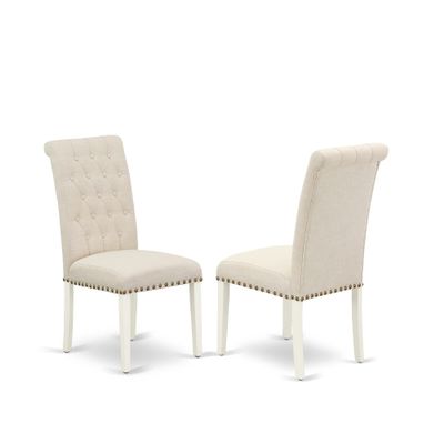 Charming and Elegant 3Pc Dinette Set - Small Rounded Kitchen Table, 2 Parson Chairs - Light Beige Fabric, White Finish