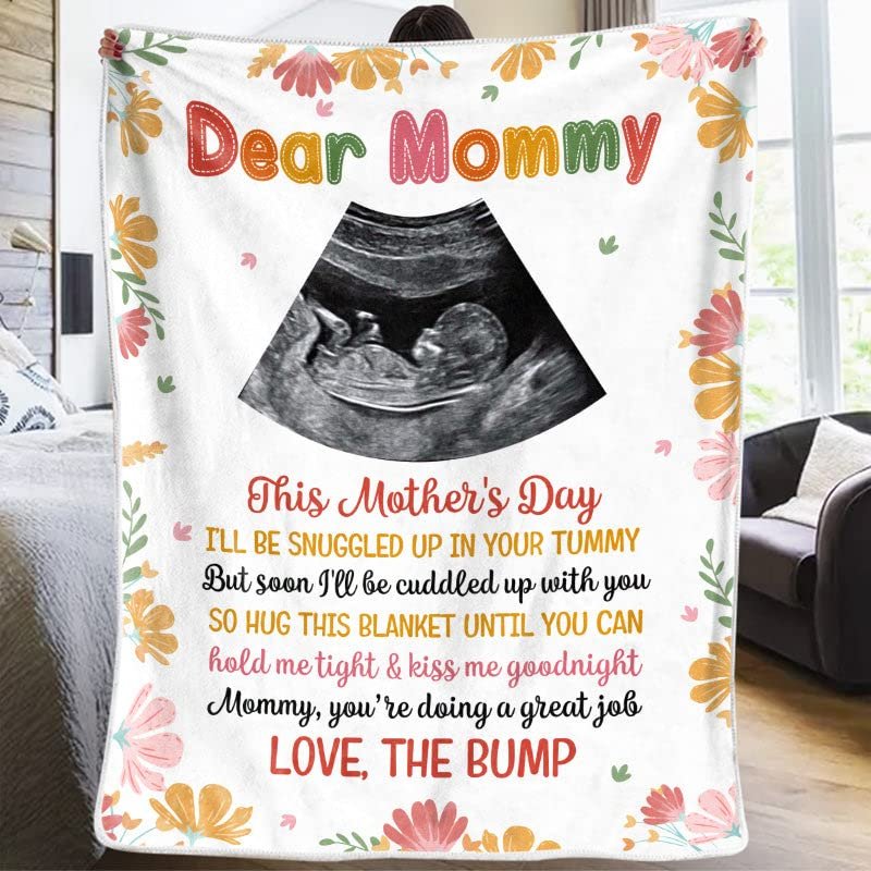 Ploto Personalized Dear Mommy Blanket from Baby Bump, This Mothers Day I'll Be Snuggled Up in Your Tummy Blanket, Custom Photo Sonogram Ultrasound Baby Blanket, Gift for New First Mom to Be