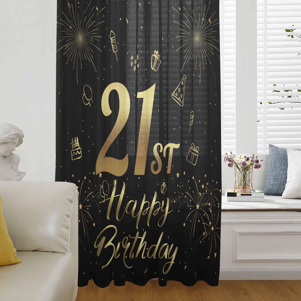 21th Birthday Window Curtains 84 Inches Long, Semi Sheer Rod Pocket Chiffon Curtains & Drapes Drapery Voile Draperies Window Treatment for Living Room/Bedroom/Kitchen, Star Cake Fireworks Golden Black
