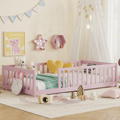 Mirightone Twin Size Floor Bed for Kids, Wood Montessori Floor Beds with Fence Railings and Slats Support, Twin Playhouse Bed Frame for Boys Girls, No Box Spring Needed, Pink