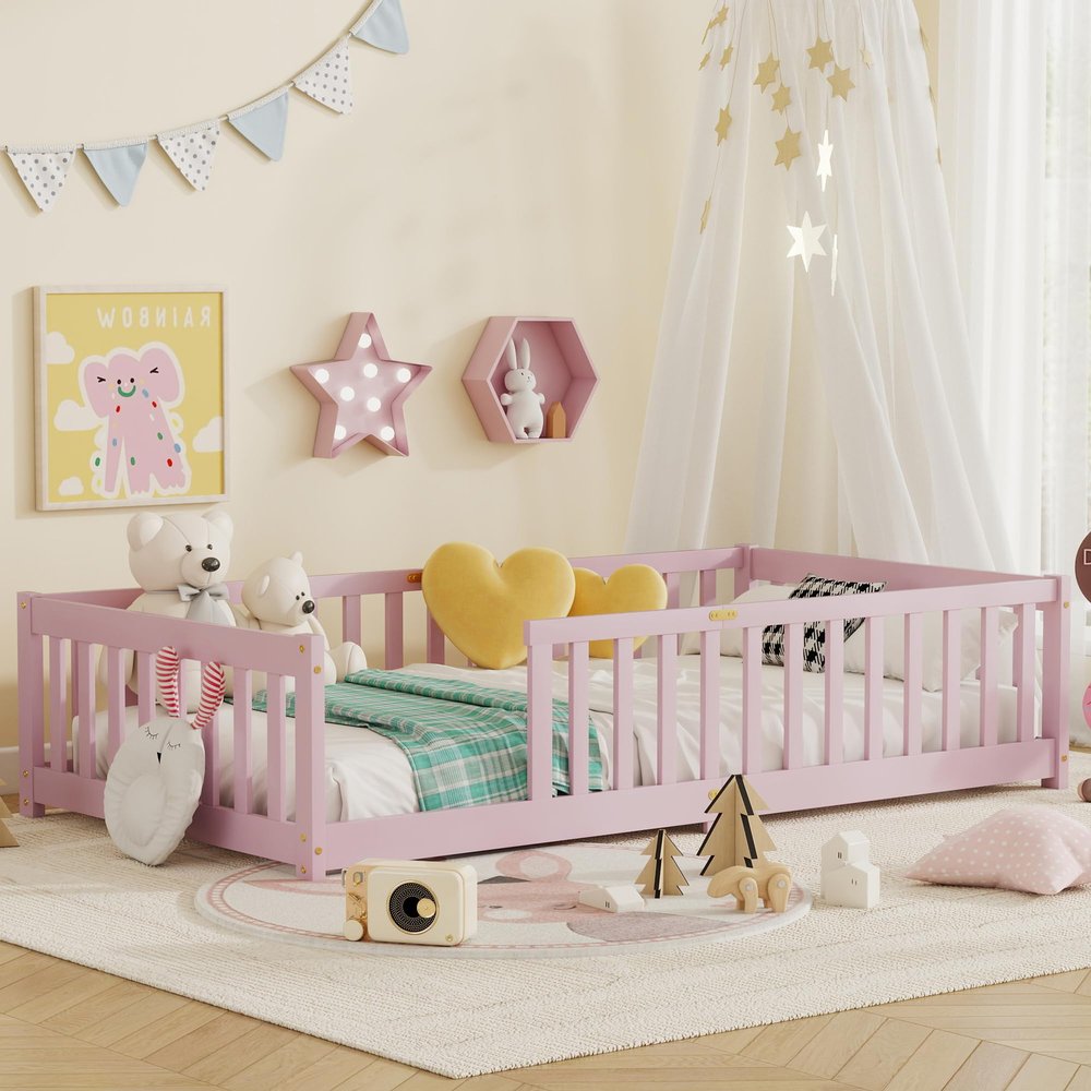 Mirightone Twin Size Floor Bed for Kids, Wood Montessori Floor Beds with Fence Railings and Slats Support, Twin Playhouse Bed Frame for Boys Girls, No Box Spring Needed, Pink
