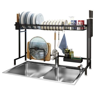 HUQHUMSK Dish Rack, Dish Rack, Black Stainless Steel Kitchen Sink Dish Drying Rack Drain Rack Cutlery Water Tableware Organizer 91 * 27 * 57Cm Strong and Sturdy