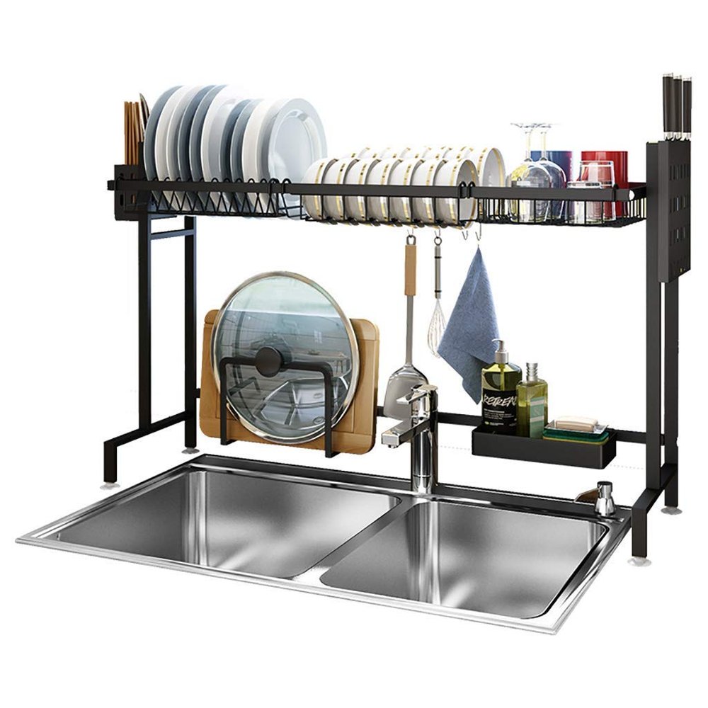 HUQHUMSK Dish Rack, Dish Rack, Black Stainless Steel Kitchen Sink Dish Drying Rack Drain Rack Cutlery Water Tableware Organizer 91 * 27 * 57Cm Strong and Sturdy