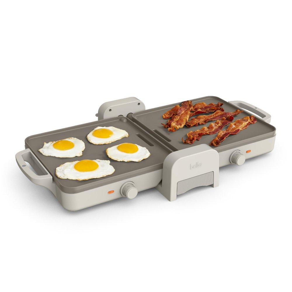 Bella 10"x 20" Ceramic Fold-n-Store Dual Temp Griddle, Fits-anywhere Kitchenware, EverGood Ceramic Nonstick Coating, 2 Temperature Zones up to 400F, Dishwasher Safe Drip Tray, 1500 Watt, Oatmilk