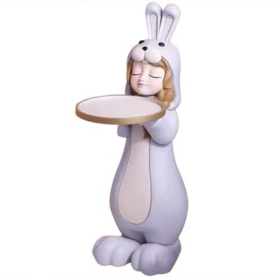 Rabbit Sculpture Key Tray Large Floor-Standing Rabbit Girl Sculpture Tray, Powder Room Resin Jewelry Storage Tray, Art Ornaments, Gift (Color : Blue, Size : 72 * 26 * 25cm)