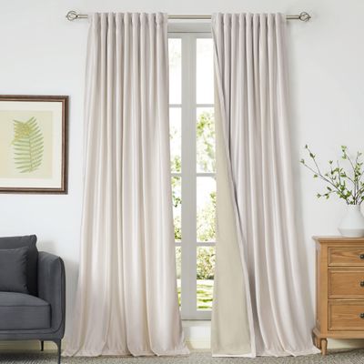 100% Blackout Ivory Off White Velvet Curtains 120 inch Long for Living Room,Set of 2 Panels Liner Rod Pocket Back Tab Thermal Window Drapes Room Darkening Heavy Decorative Curtains for Bedroom