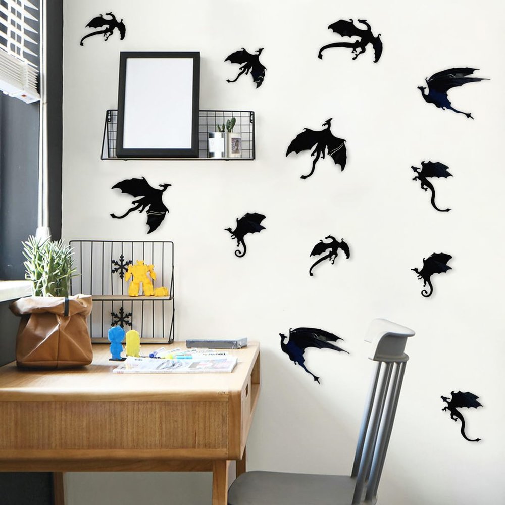 MEFOSS 14 PCS 3D Dragon Wall Decals Creative Dragon PVC Wall Stickers Self-Adhesive Dragon Wall Art Decor for Kids Room Playroom Classroom Holiday Decoration, Black, DD008