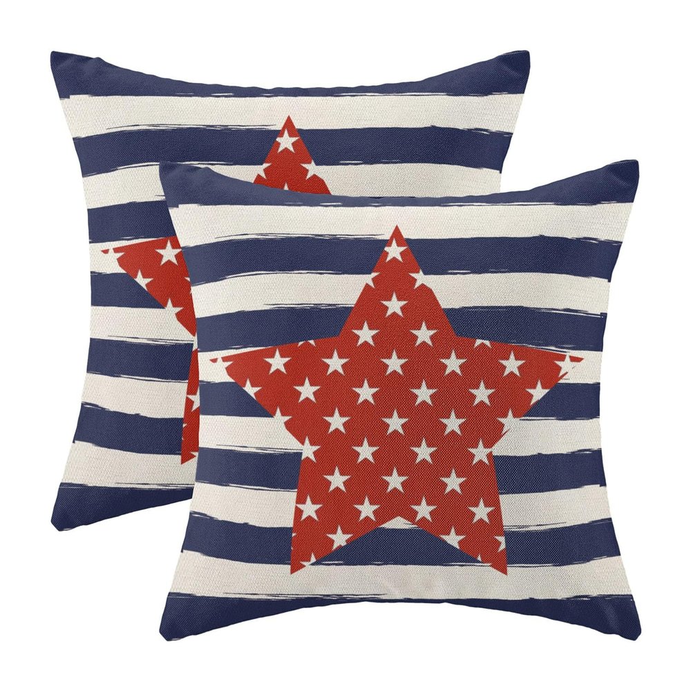 4th of July Pillow Covers 22x22 Inch Set of 2 Memorial Day Independence Day Blue Stripe Red Star Decor Throw Pillows American Flag USA Patriotic Outdoor Cushion Cases for Couch Bed Decorations