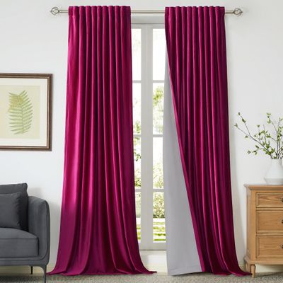 100% Full Blackout Hot Pink Velvet Curtains 120 inch Long for Living Room,Set of 2 Liner Rod Pocket Back Tab Thermal Window Curtains Room Darkening Heavy Decorative Curtains Drapes for Bedroom