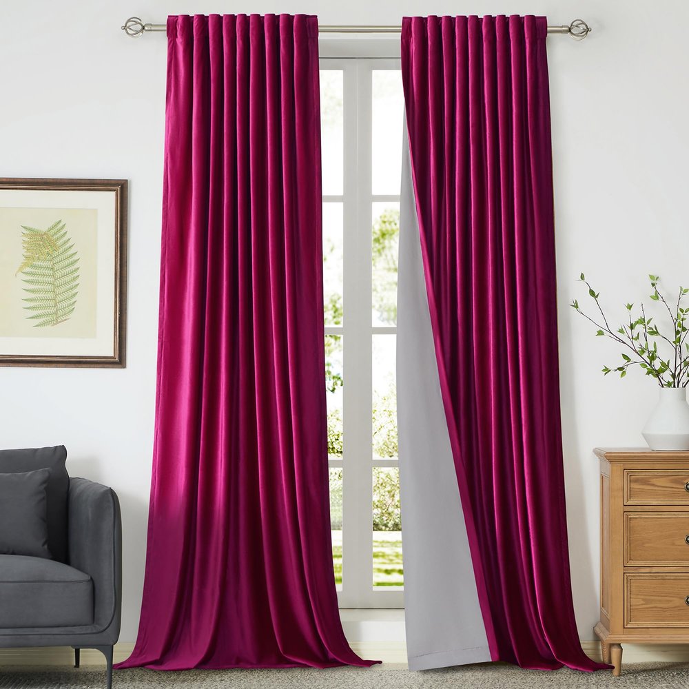 100% Full Blackout Hot Pink Velvet Curtains 120 inch Long for Living Room,Set of 2 Liner Rod Pocket Back Tab Thermal Window Curtains Room Darkening Heavy Decorative Curtains Drapes for Bedroom