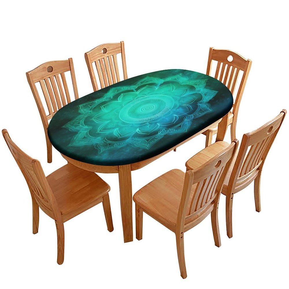 Barsada Flower Green Print Tablecloths Oval Stain Resistant Oilproof Elastic Tablecloths for Oval Tables Table Covers for Mother's Day Father's Day Valentine's Day Fits for 52 x 70 Oval Table