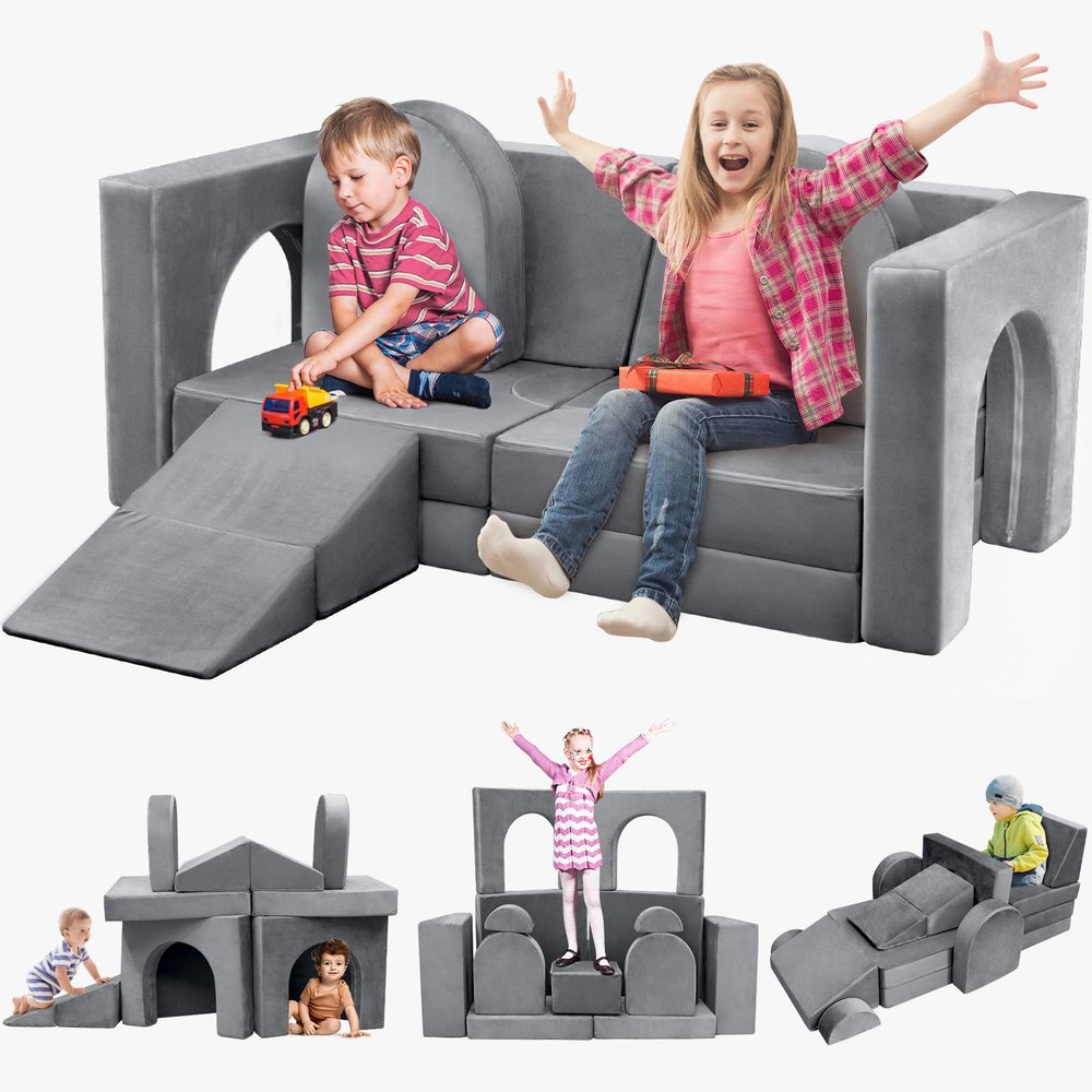 Aukdin 14PCS Modular Play Couch for Toddler Kids Playroom Bedroom, 500+ DIY Kids Couch Boost Creativing Playing Sleeping Reading for Boys Girls Teens (Grey)