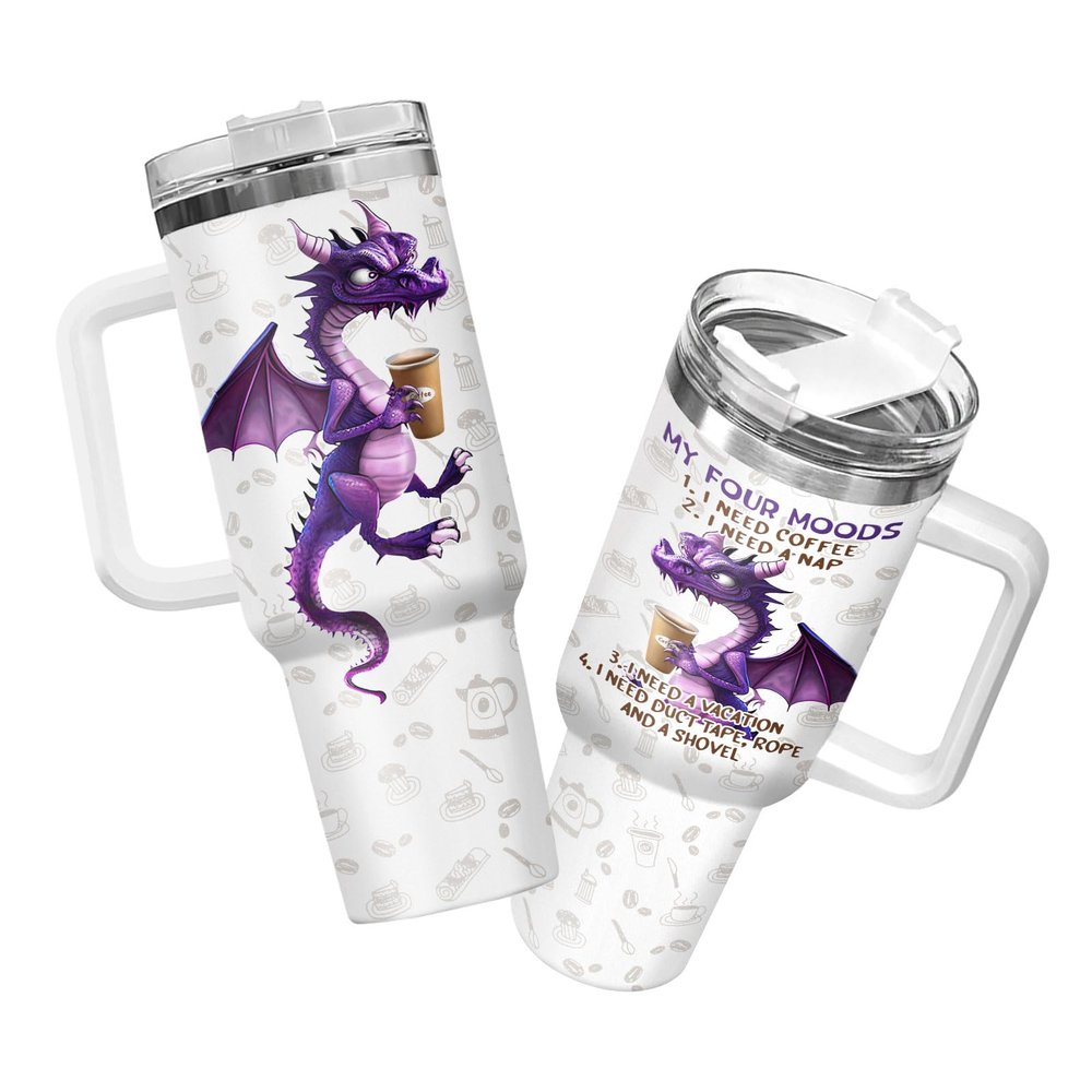34HD Dragon Coffee Moods Tumbler 20oz Stainless Steel Insulated - Funny Purple Dragons Four Moods Gift for Coffee Lovers, Birthday Gifts for Men, Women & Best Friend