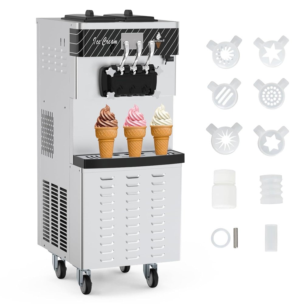 Commercial Ice Cream Maker with Two 12L Hoppers, 3 Flavors Soft Serve Machine. 2450W Compressor, Soft Ice Cream Machine with LCD Panel for Restaurants Snack Bar