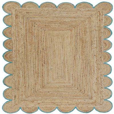 MORVEE Area Rug 3x5 Jute Scalloped Natural (Teal, 3' x 5')