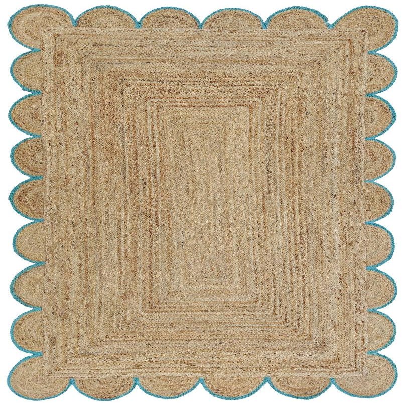 MORVEE Area Rug 3x5 Jute Scalloped Natural (Teal, 3' x 5')