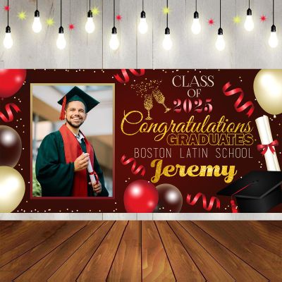 Custom Class of 2025 Red Personalized Graduation Banner With Photo Name - Congratulations Graduate Party Decorations Supplies - Congrats Grad Backdrop Yard Sign Gift