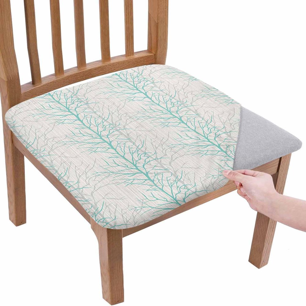 Turquoise Chair Seat Covers for Dining Room Stretch Chair Seat Covers Set of 6 Chair Seat Protector Cushion Slipcovers for Kitchen Restaurant Office Retro Forest Rustic Farmhouse Trees Branch