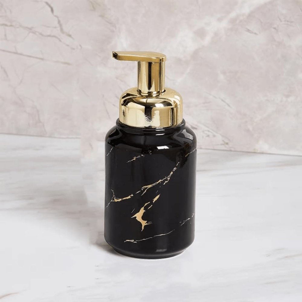 Supercap Ceramic Hand Soap Dispenser with Gold Pump | Lotion Bottle | Marble Stripes Ceramic Soap Dispenser for Kitchen Bathroom (Black)