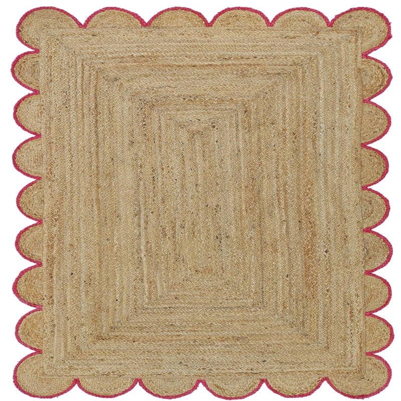 MORVEE Area Rug 6x9 Jute Scalloped Natural (Pink, 6' x 9')
