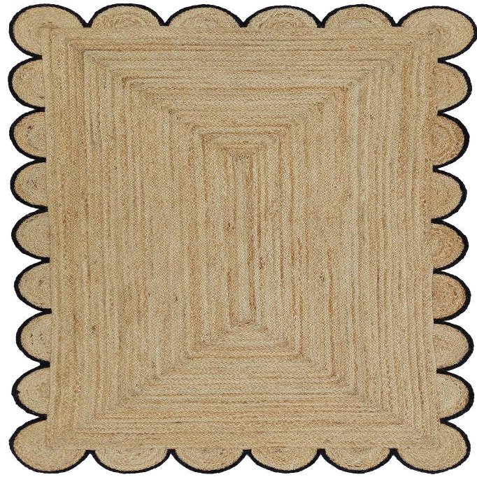 MORVEE Area Rug 9x12 Jute Scalloped Natural (Black, 9' x 12')