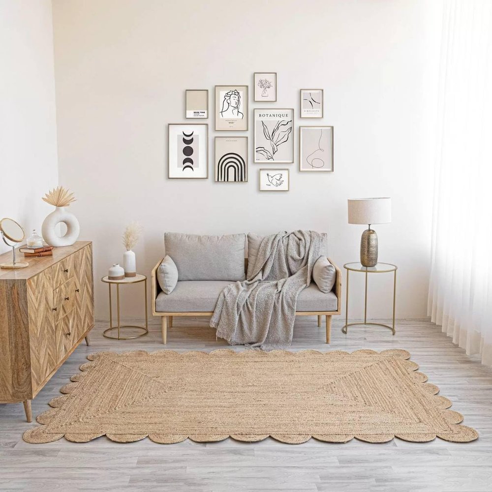 MORVEE Area Rug 4x6 Jute Scalloped Natural (Natural, 4' x 6')