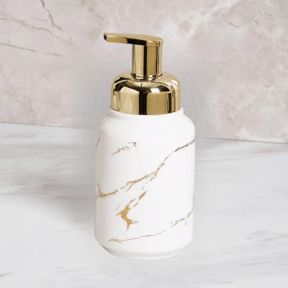 Supercap Ceramic Hand Soap Dispenser with Gold Pump | Lotion Bottle | Marble Stripes Ceramic Soap Dispenser for Kitchen Bathroom (White)
