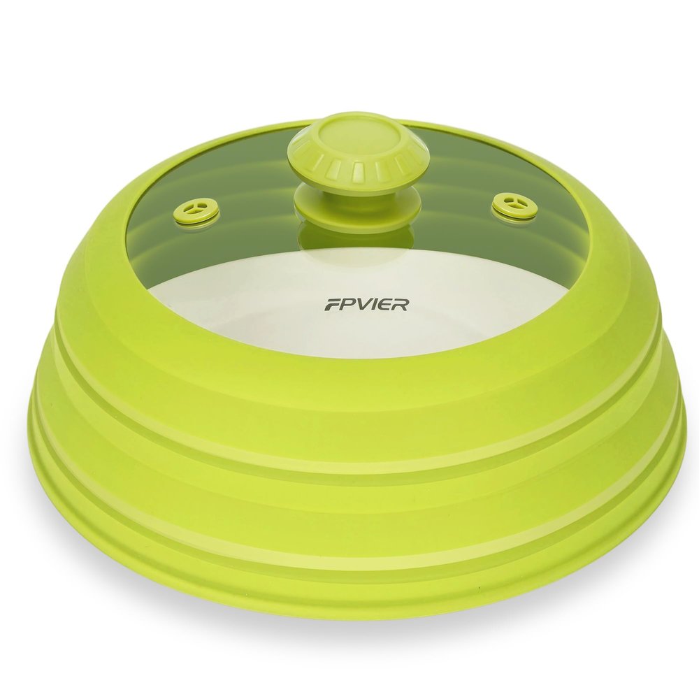 FPVIER Large Microwave Splatter Cover Vented Tempered Glass Lid with Collapsible Silicone Rim, Fits 6-11" Bowls & Dishes, Prevents Mess, Keeps Food Moist & Fresh