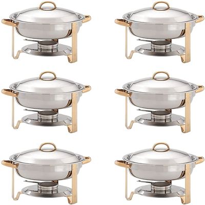 3.5L Stainless Steel Accented Chafer Dish Round Chafing Dish Catering Buffet Food Warmer Set with Food Pan Water Pan Lid Frame and Fuel Holder(6Pack)
