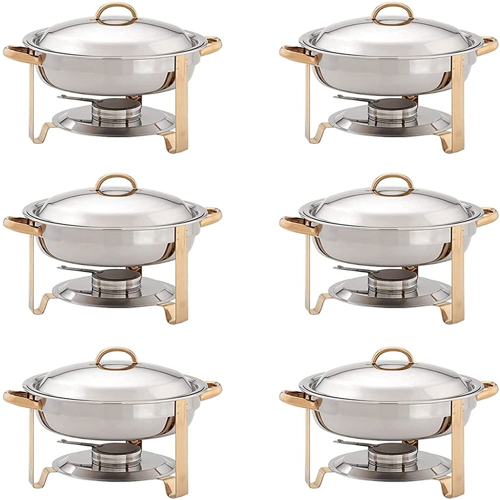 3.5L Stainless Steel Accented Chafer Dish Round Chafing Dish Catering Buffet Food Warmer Set with Food Pan Water Pan Lid Frame and Fuel Holder(6Pack)