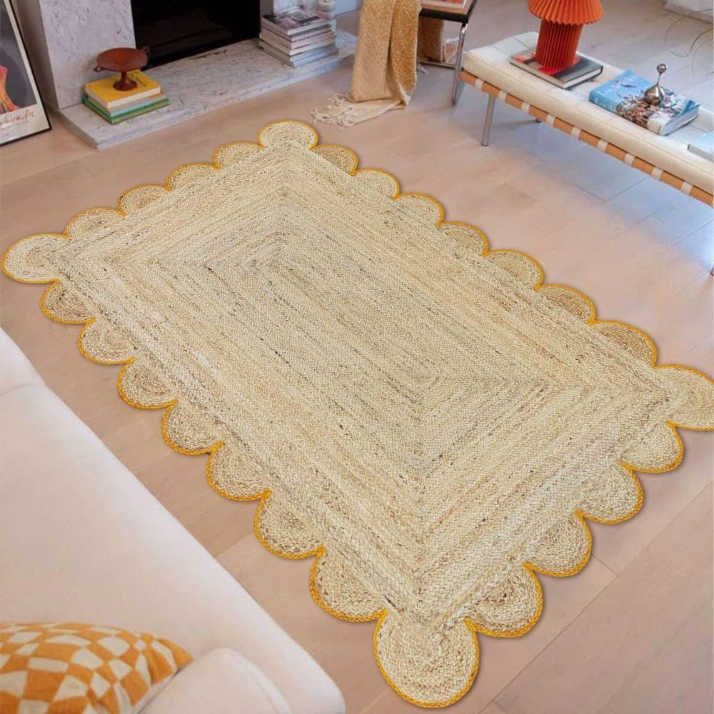 MORVEE Area Rug 9x12 Jute Scalloped Natural (Yellow, 9' x 12')