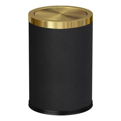 YOJIA 2.4 Gallon Bathroom Trash Can with Lid, Pu Leather Modern Garbage Can, Round Decorative Waste Basket, for Near Desk, Powder, Bedroom, Hotel, Office, Home (9L-Checked Black)