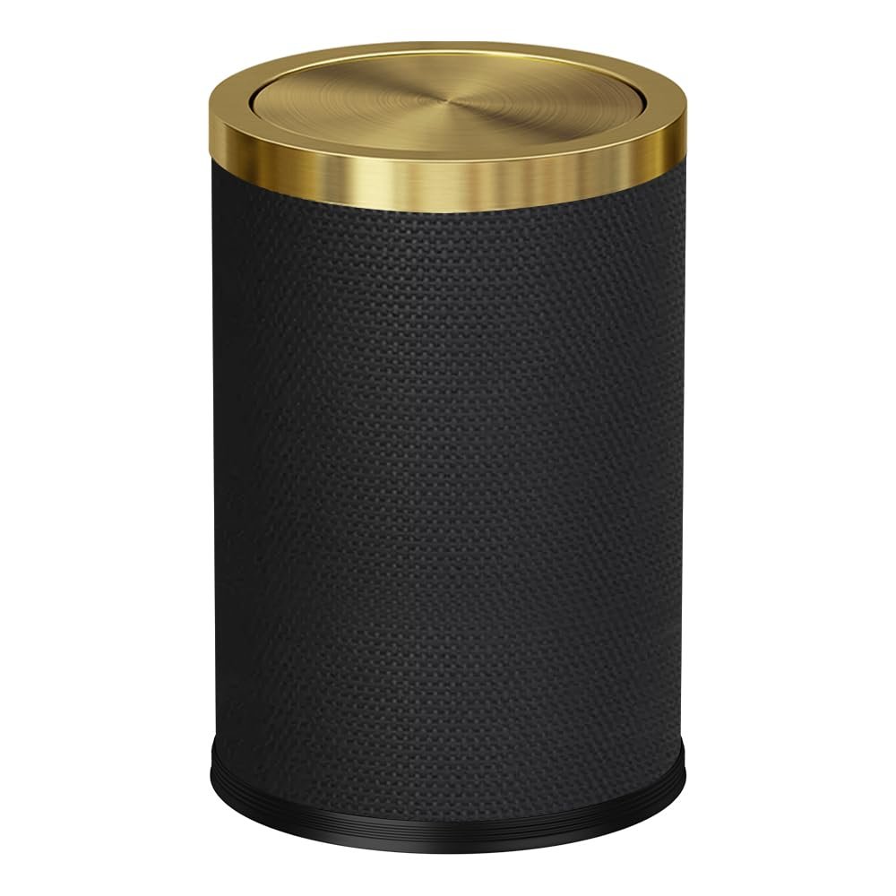 YOJIA 2.4 Gallon Bathroom Trash Can with Lid, Pu Leather Modern Garbage Can, Round Decorative Waste Basket, for Near Desk, Powder, Bedroom, Hotel, Office, Home (9L-Checked Black)