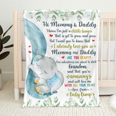 Ploto Personalized Hi Mommy and Daddy Blanket from Baby Bump, I Know I'm Just A Little Bump, Custom Elephant Baby Blanket, Gift for New First Mom to Be, for Pregnancy Mom