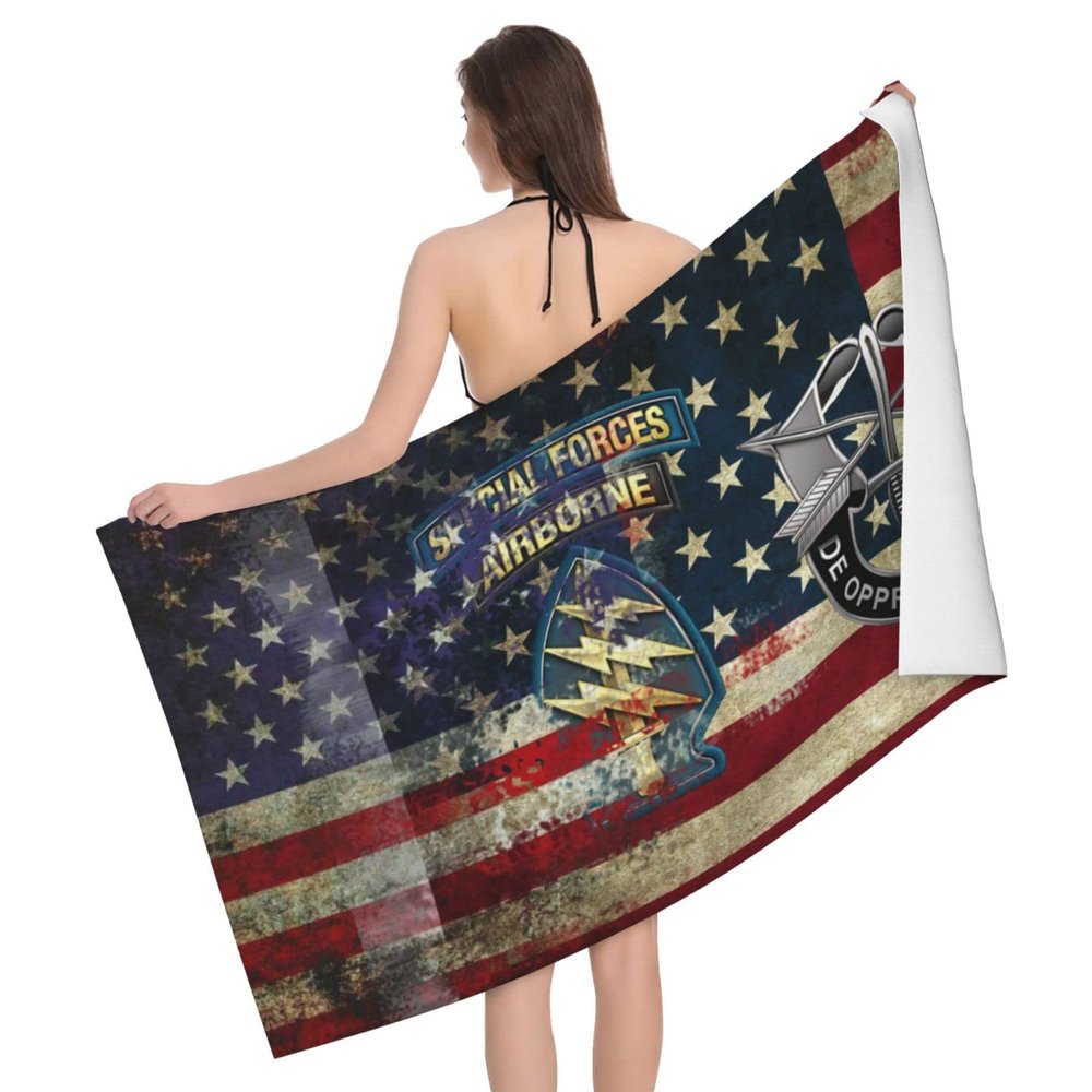 WOLEN Army Special Forces Retro American Flag Beach Towel Oversized Soft Absorbent Beach Towel 32x52in
