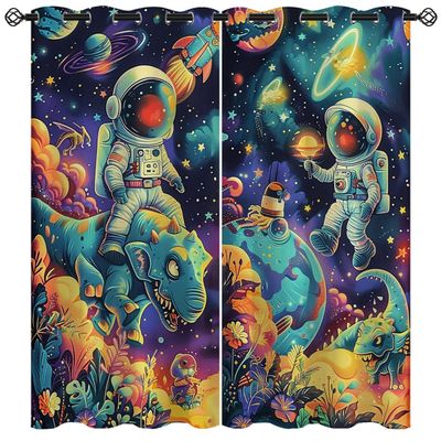 Naiice Trippy Astronaut Blackout Curtains for Boys Home Decor, Dino Fantasy Space Planets Galaxy Grommet Thermal Insulated Drapes Darkening Window Curtain for Bedroom Living Room, 63 x 63 Inch