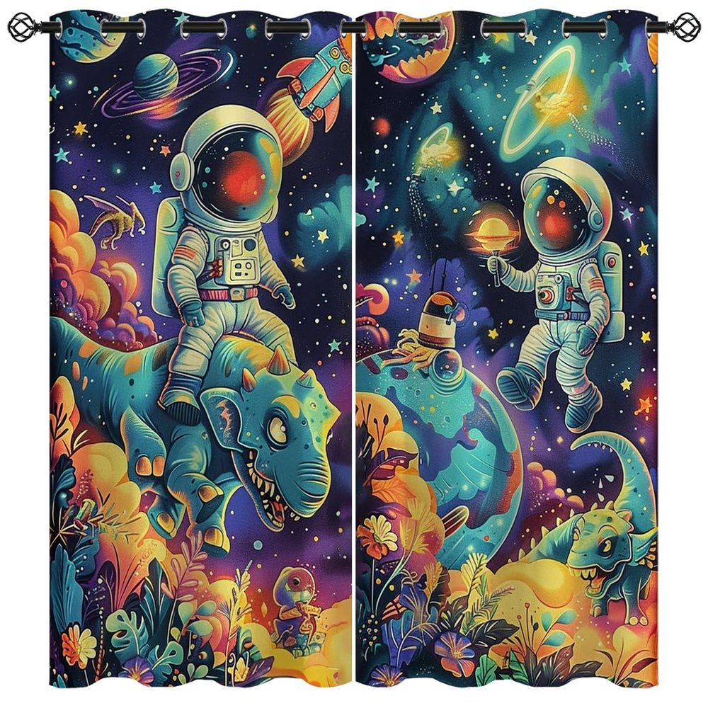 Naiice Trippy Astronaut Blackout Curtains for Boys Home Decor, Dino Fantasy Space Planets Galaxy Grommet Thermal Insulated Drapes Darkening Window Curtain for Bedroom Living Room, 63 x 63 Inch