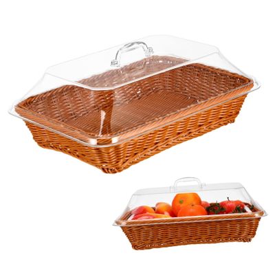 ABOOFAN Imitation Rattan Storage Basket with Lid Woven Food Serving Tray for Kitchen Restaurant and Picnic Versatile Display for Bread Fruits and Snacks