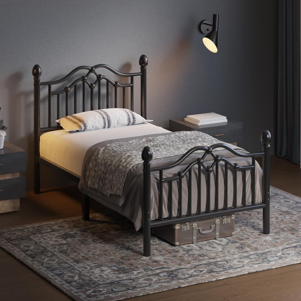 LOEWAY Twin Metal Bed Frame with Classical Headboard and Footboard, Platform Bed Frame for Kids, Sturdy Metal Slats Support, Adequate Under Bed Storage, No Box Spring Needed, Easy Assembly, Black